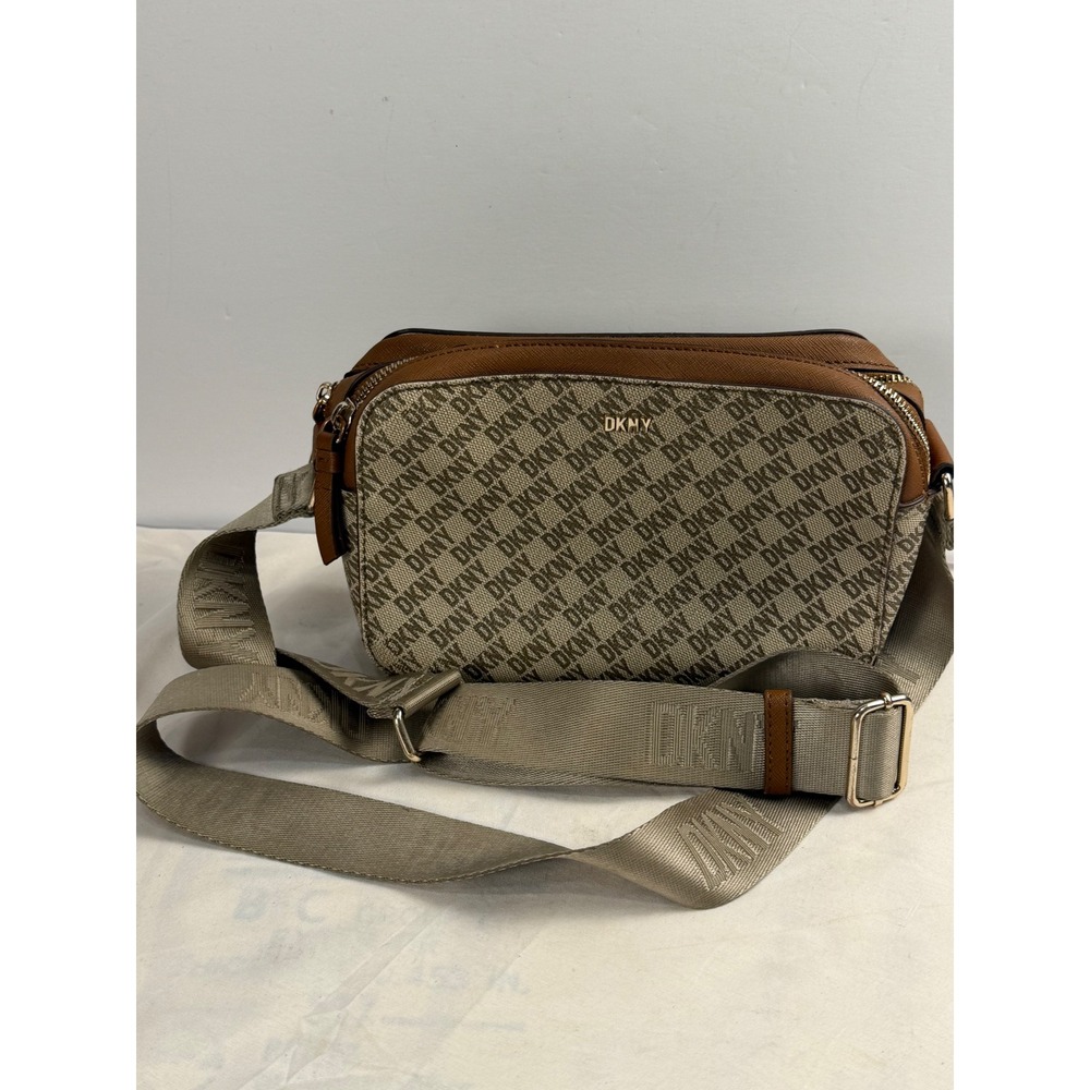 DKNY Monogram Logo Crossbody Camera Bag Brown Beige Double Zip Adjustable Strap